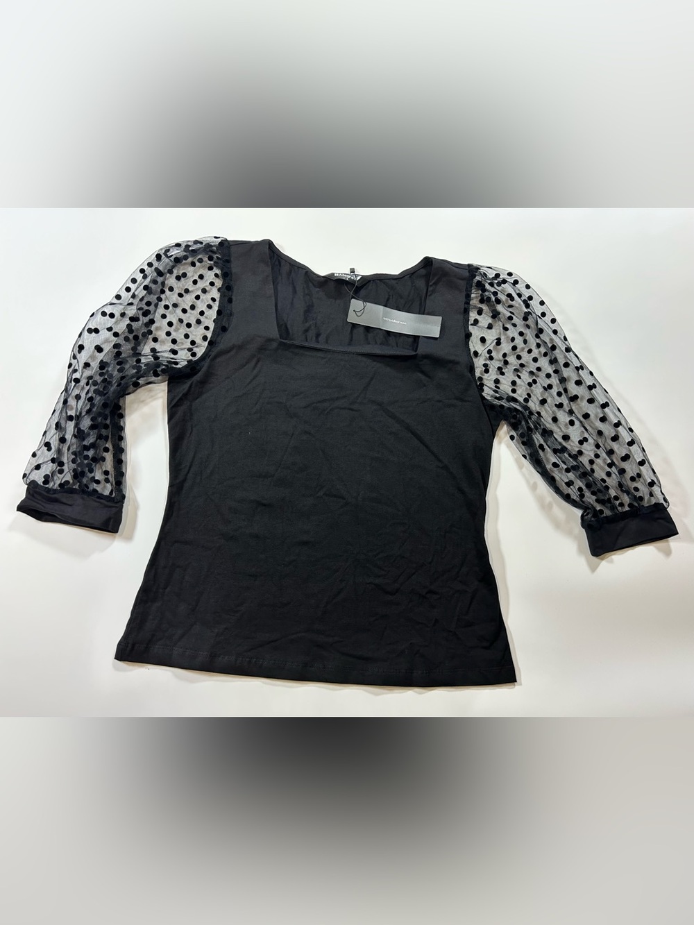 Allegra K Black Square Neck Polka Dot Mesh Puff Sleeve Top Size Small